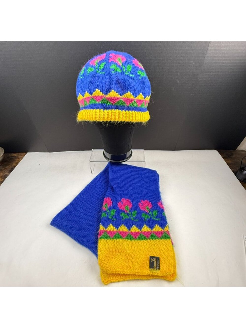 Vintage 90s Hansen Knit Beanie and Scarf Set Floral Design